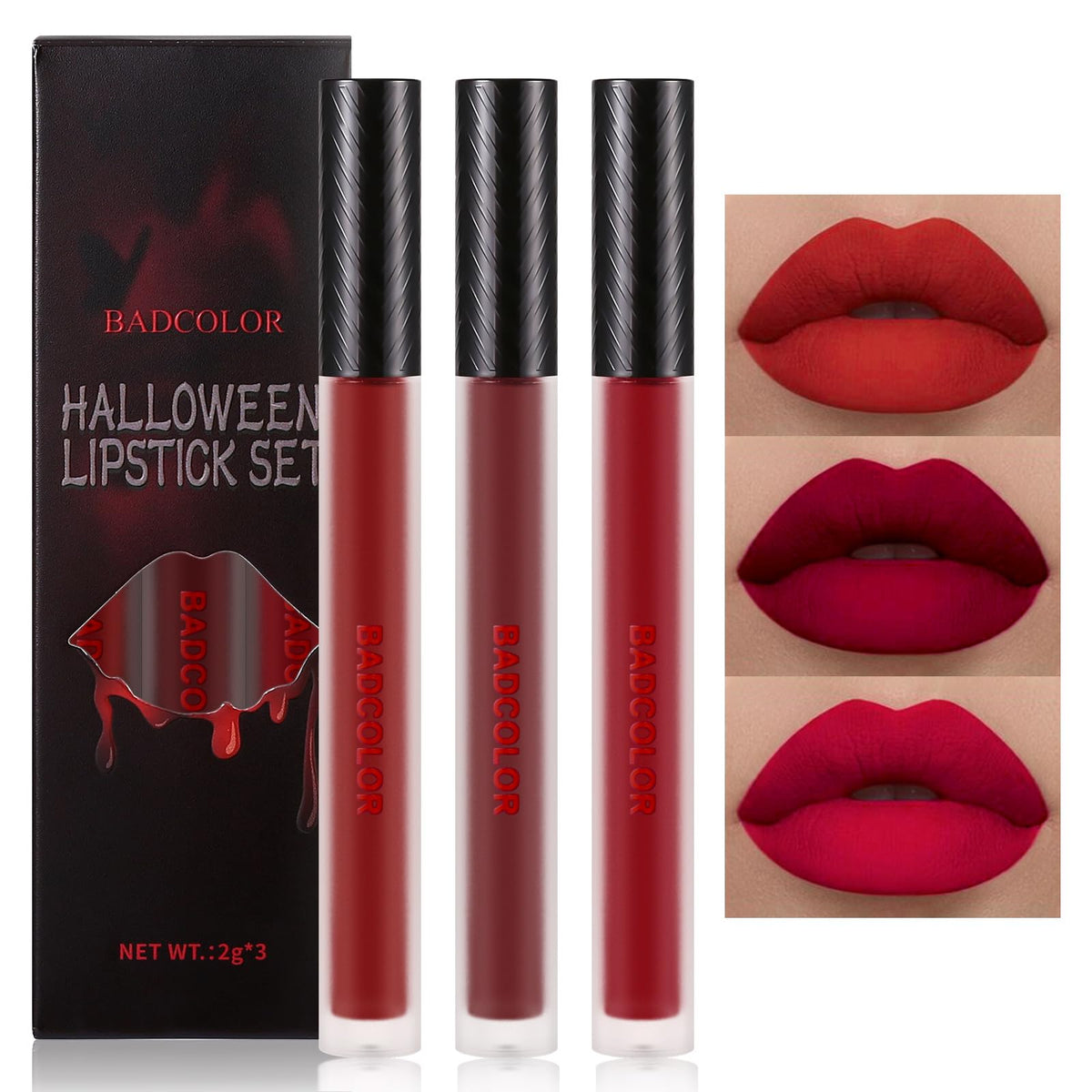 BADCOLOR set labial líquido rojo verdadero para color intenso y duradero.