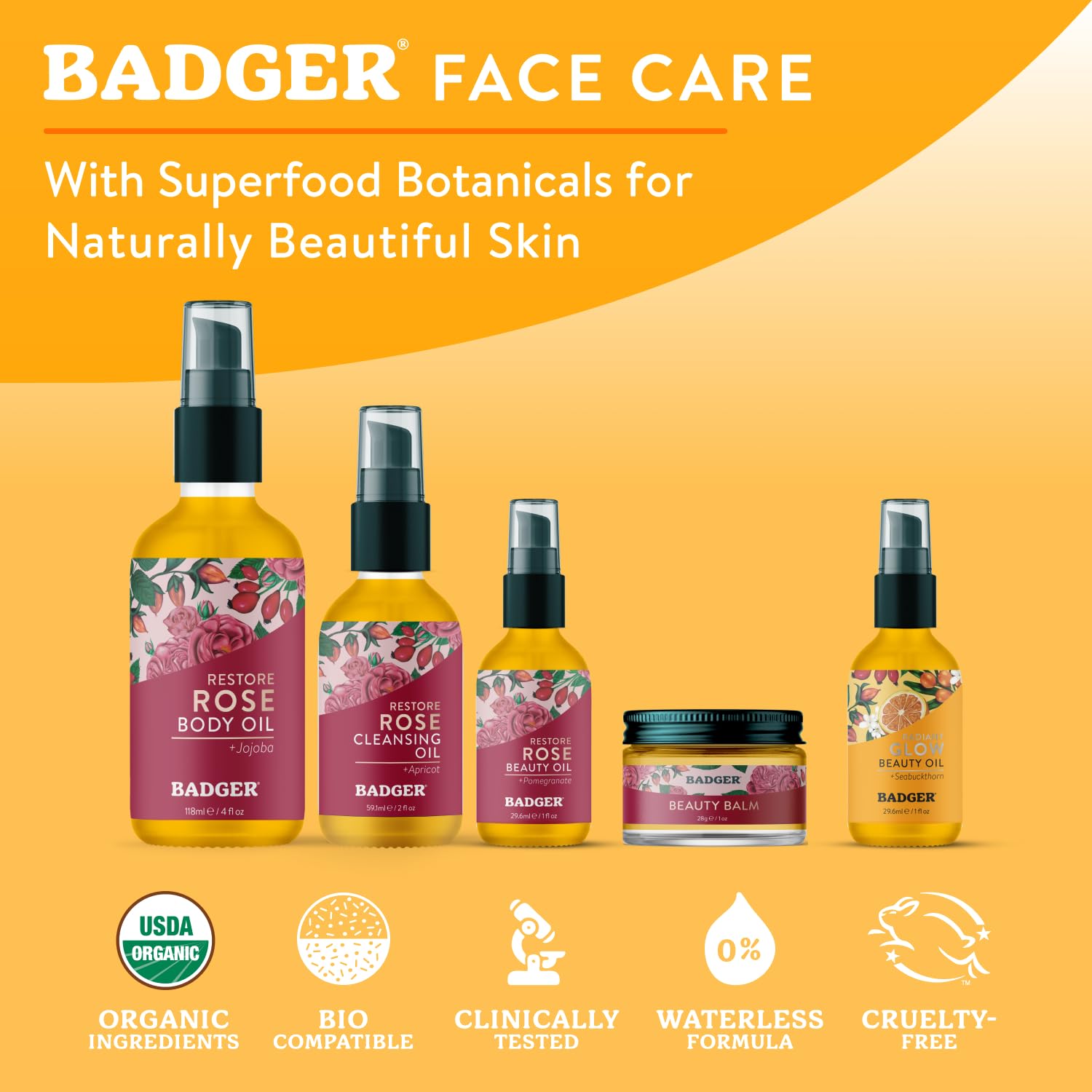 Badger Aceite Facial con vitamina E, frasco, antioxidante natural para la piel.