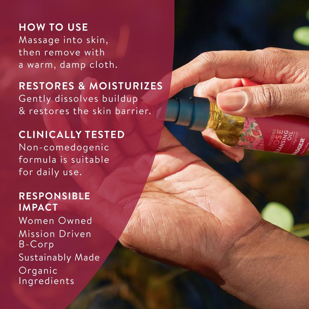 Badger Aceite limpiador facial con rosa, fórmula de aceites vegetales para piel nutrida.