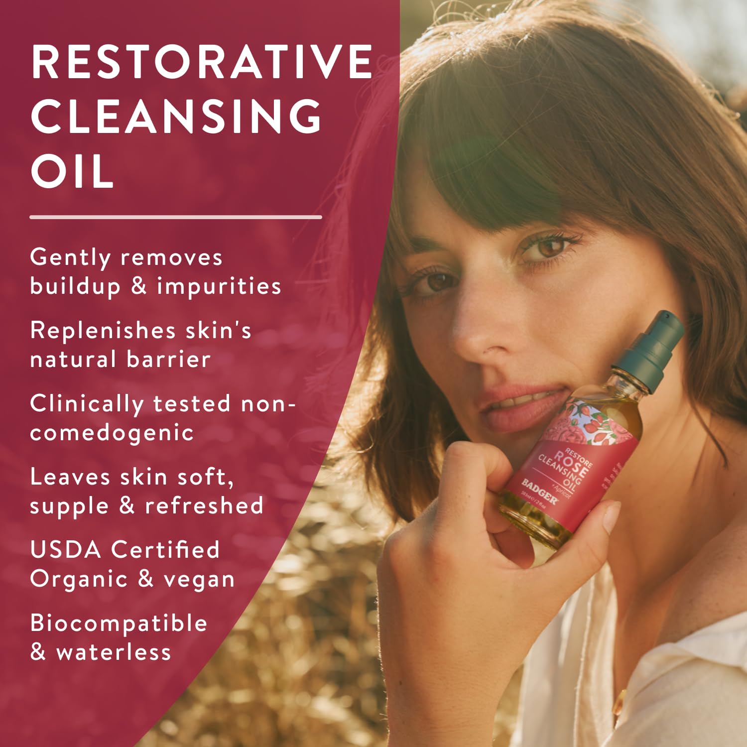 Badger Aceite limpiador facial con rosa, aplicación con dedos para desmaquillar suave.