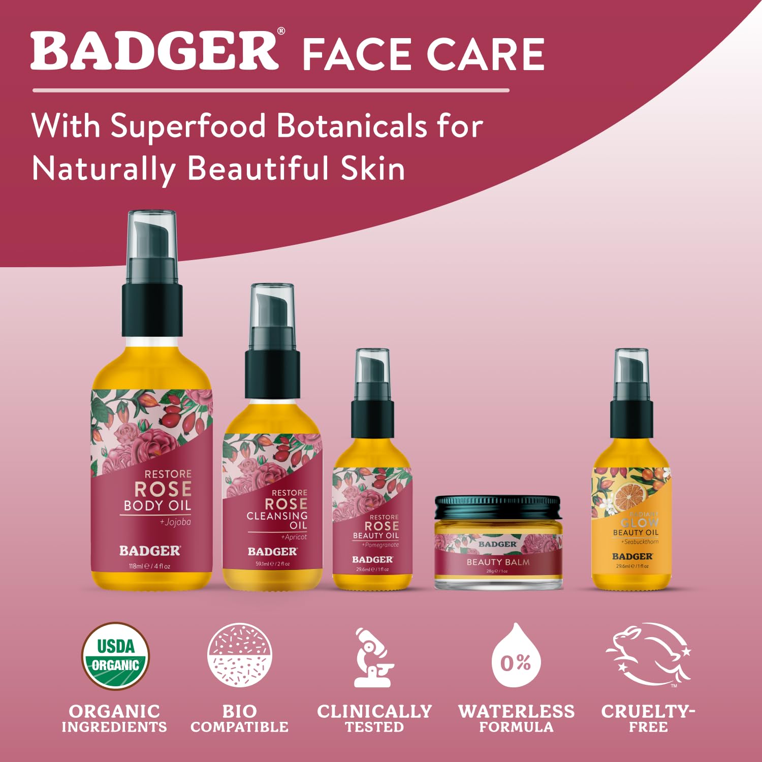 Badger Aceite limpiador facial con rosa, desmaquilla maquillaje a prueba de agua con cuidado.