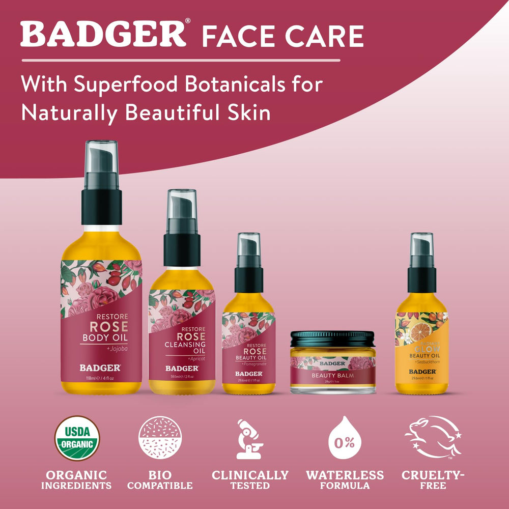Badger Aceite limpiador facial con rosa, desmaquilla maquillaje a prueba de agua con cuidado.
