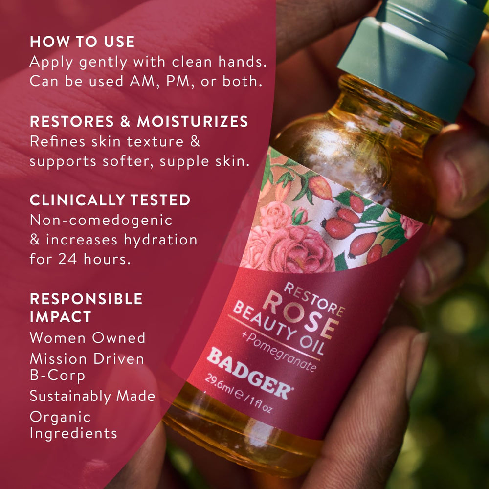 Aroma sutil de rosa en Badger Rose Face Oil