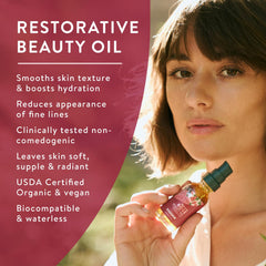 Badger Rose Face Oil con jojoba y rosa, ingredientes orgánicos visibles