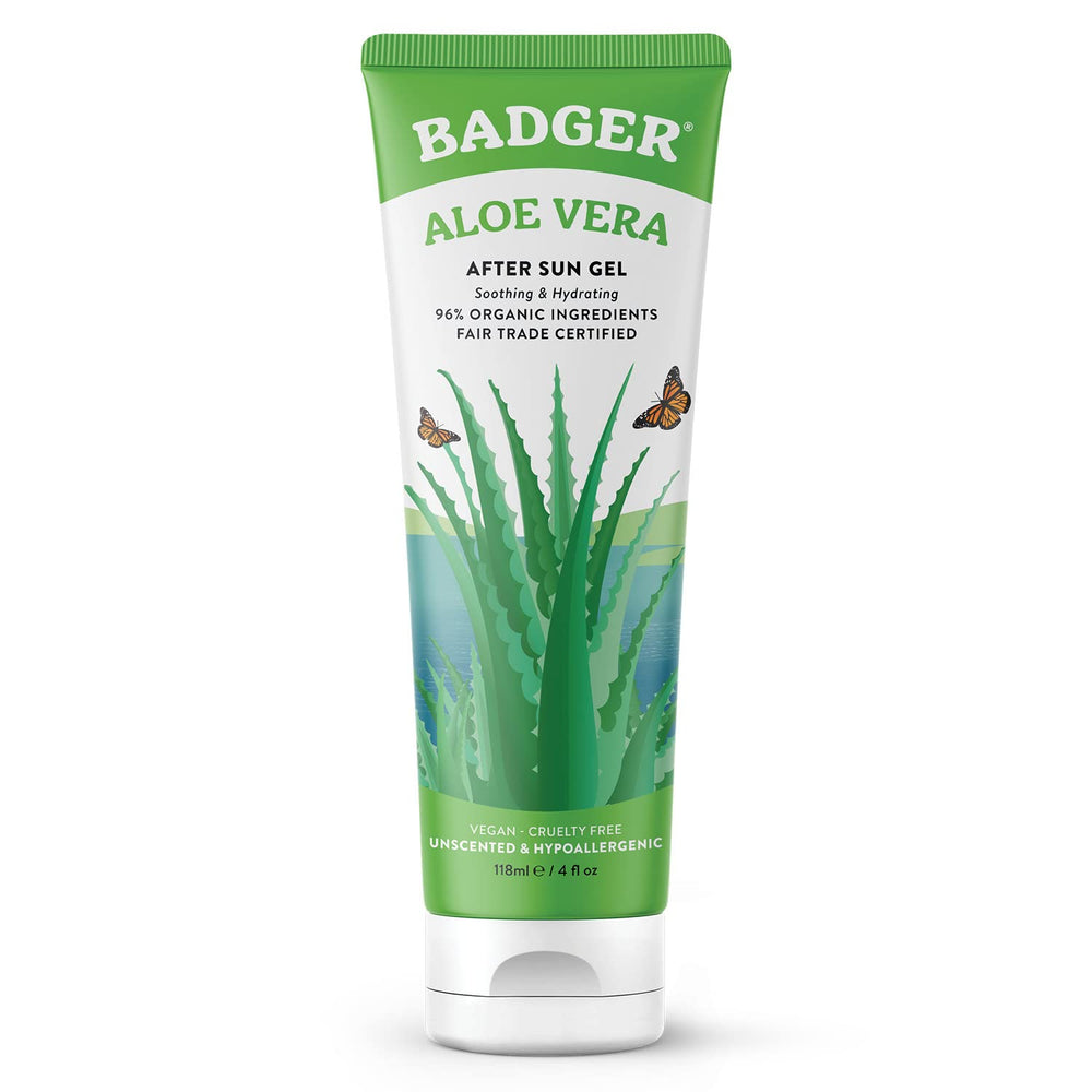 Gel de aloe vera Badger en frasco de 4 onzas, hidratación suave para piel sensible.