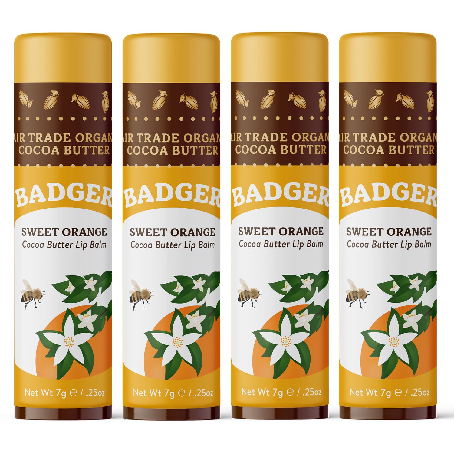 Bálsamo labial Badger de cacao naranja, formato jumbo para hidratación duradera.