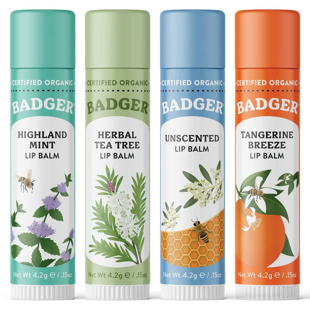 Bálsamo labial menta de Badger con aroma suave para labios secos.