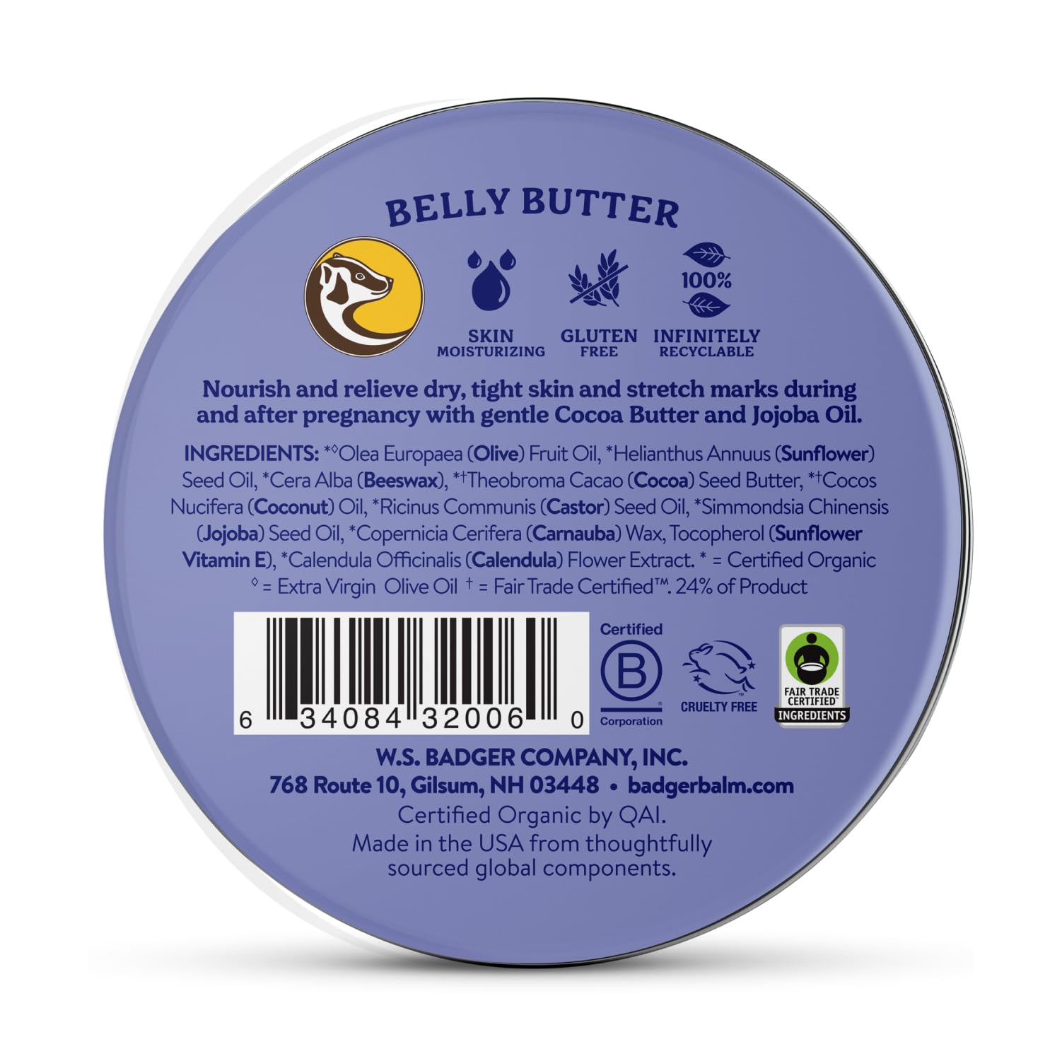 Textura cremosa de Badger Belly Butter para piel sensible durante el embarazo.