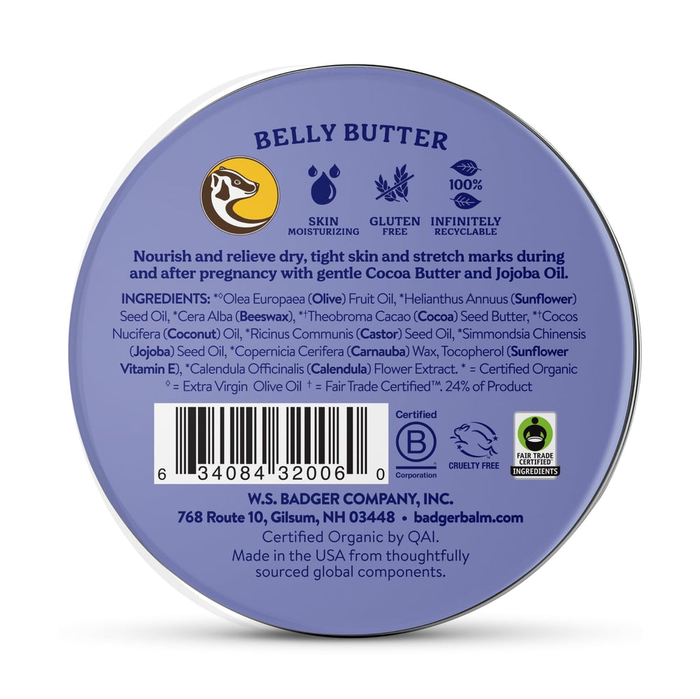 Textura cremosa de Badger Belly Butter para piel sensible durante el embarazo.
