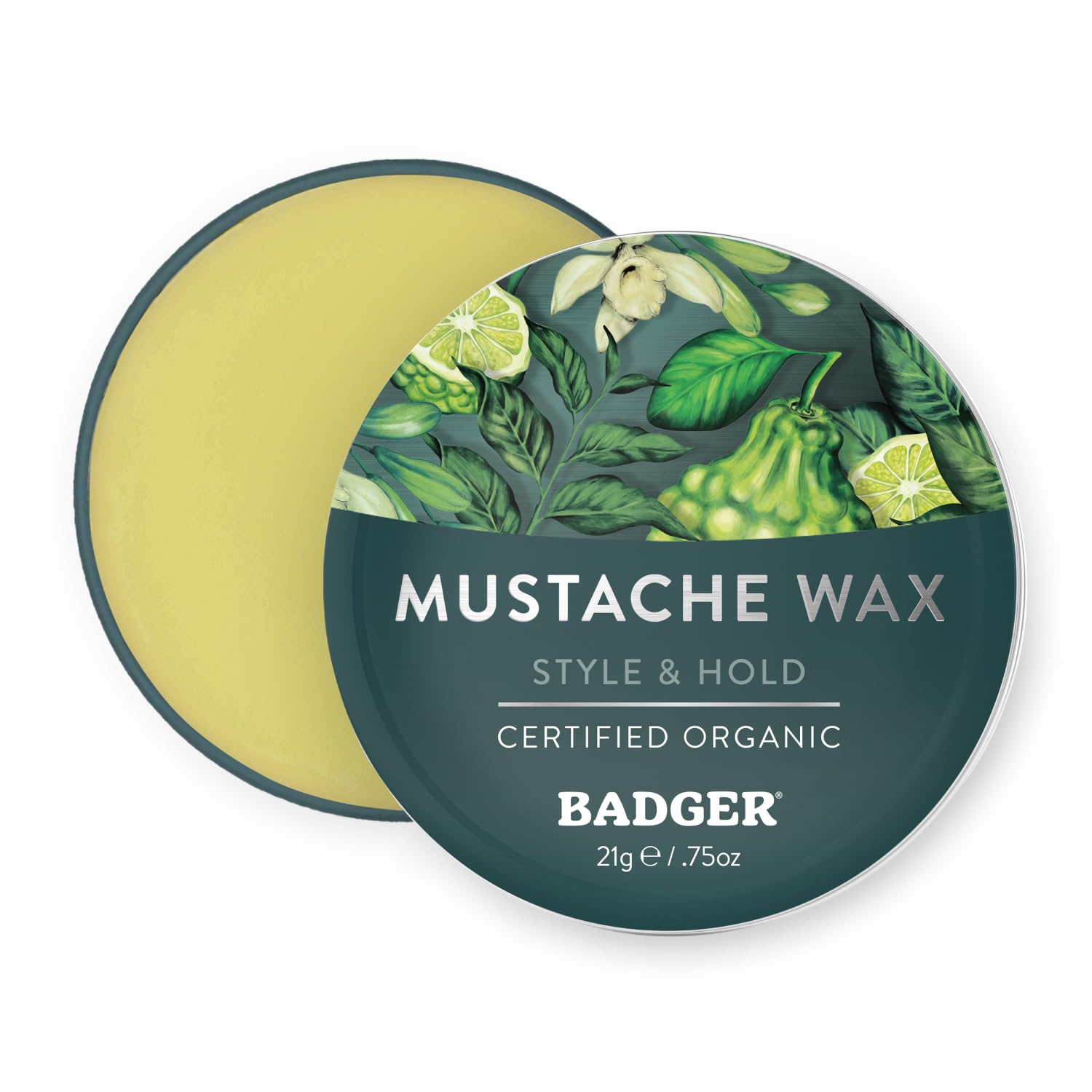 Cera Badger para bigote en lata ofrece sujeción media para bigote y barba.