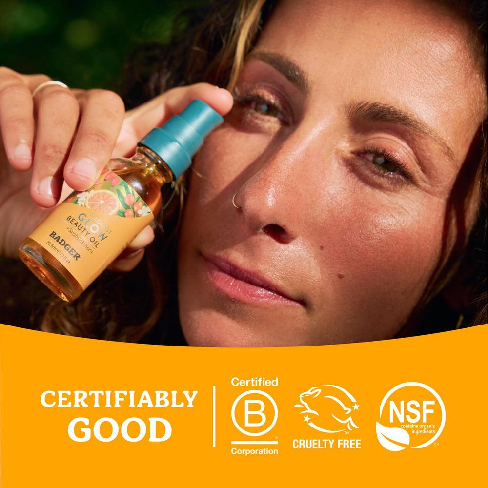 Badger Envase de vidrio, aceite facial, opción sostenible para el cuidado diario.
