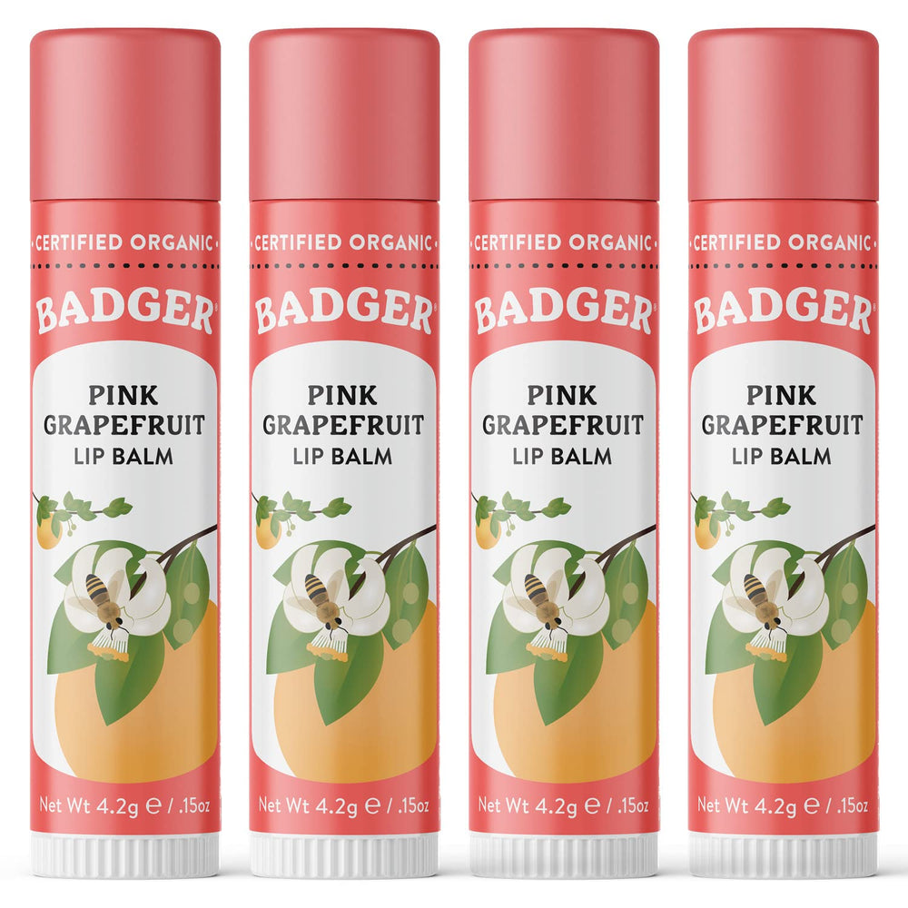 Badger Pink Grapefruit Lip Balm packaging close-up showing organic formula for hydration
