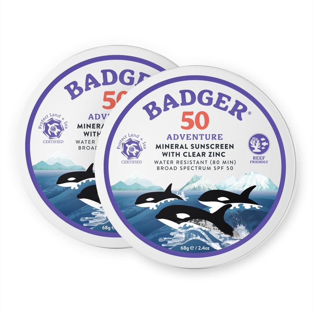 Badger protector solar mineral en lata biodegradable, protección para rostro y cuerpo en la playa.
