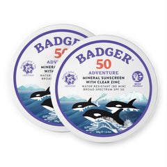 Badger protector solar mineral en lata biodegradable, protección para rostro y cuerpo en la playa.