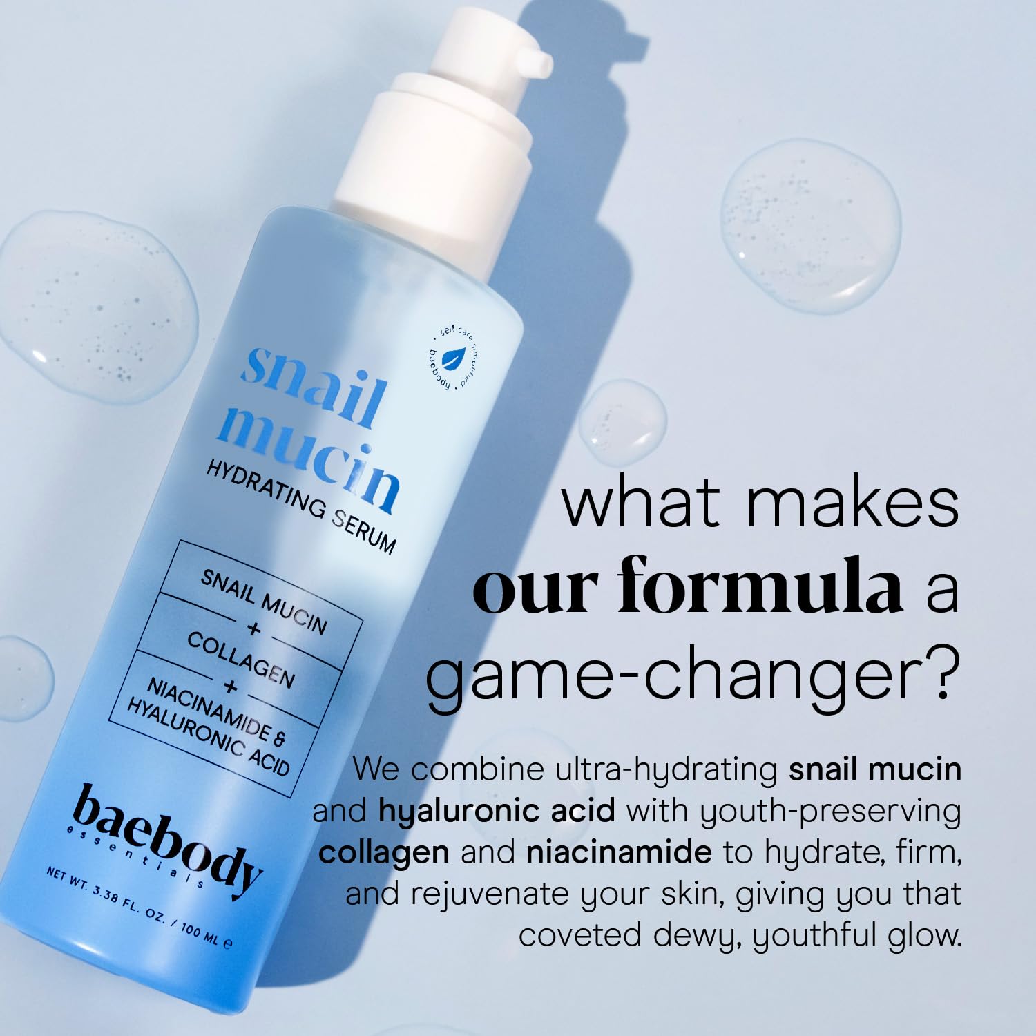 Baebody serum mucina de caracol, aplicación en la piel, mejora suavidad y tono.