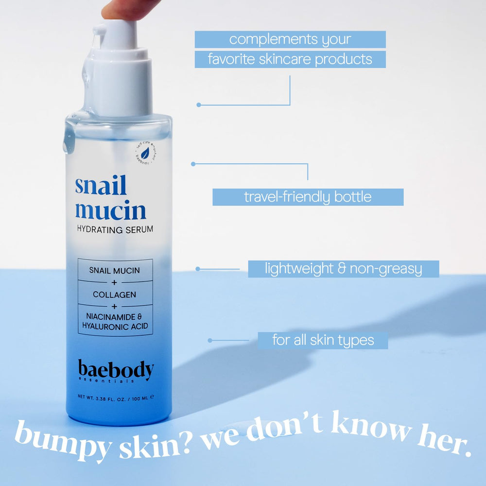 Baebody serum mucina de caracol, ingrediente estrella mucina y colágeno para textura suave.