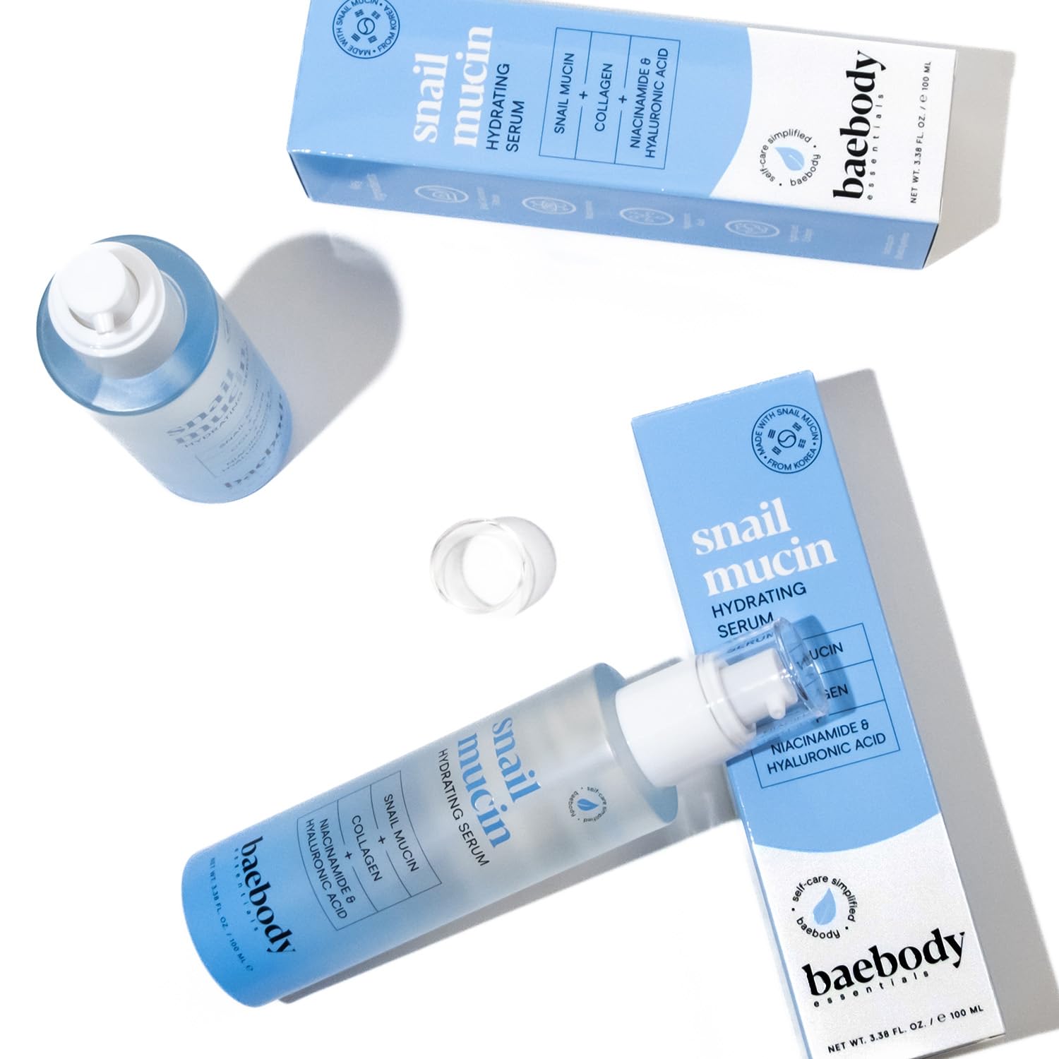 Baebody serum mucina de caracol, estuche y gotero para uso cómodo.