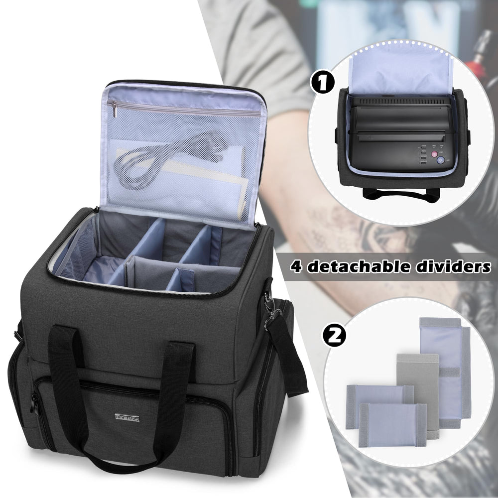 Sección interior modular para organizar suministros de tatuaje y pigmentos.