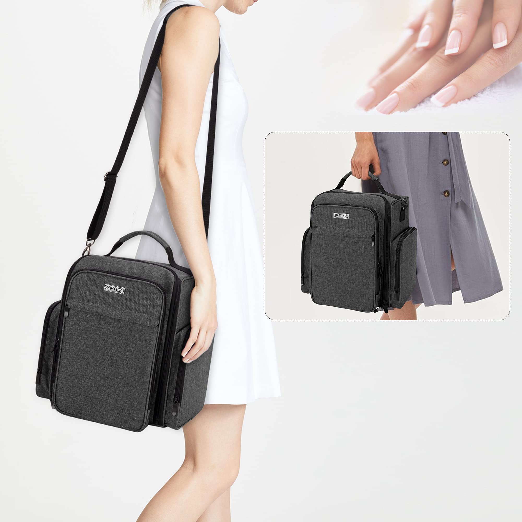 BAFASO dos bolsas removibles ofrecen organización flexible para esmaltes y accesorios.