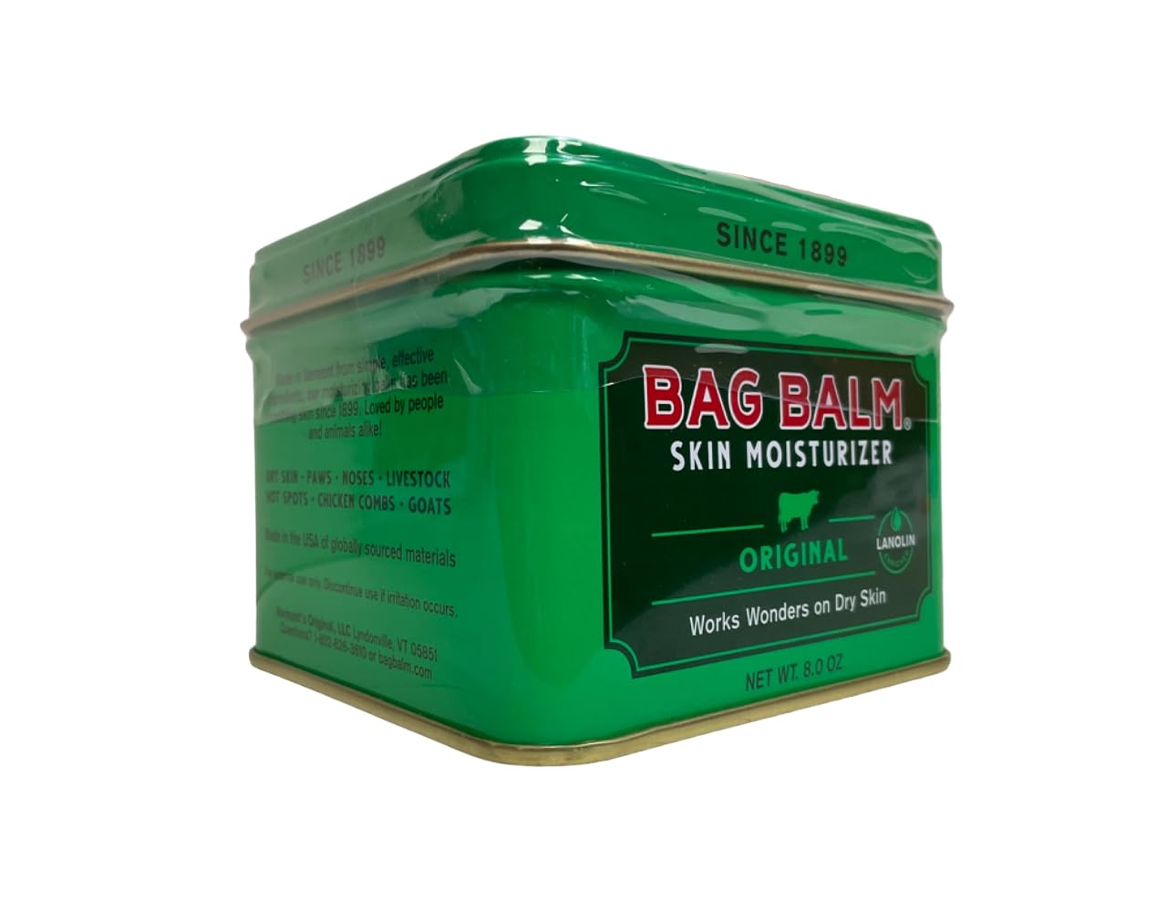 Bag Balm Original de Vermont, lata de 8 oz, para uso en manos y piel suave.