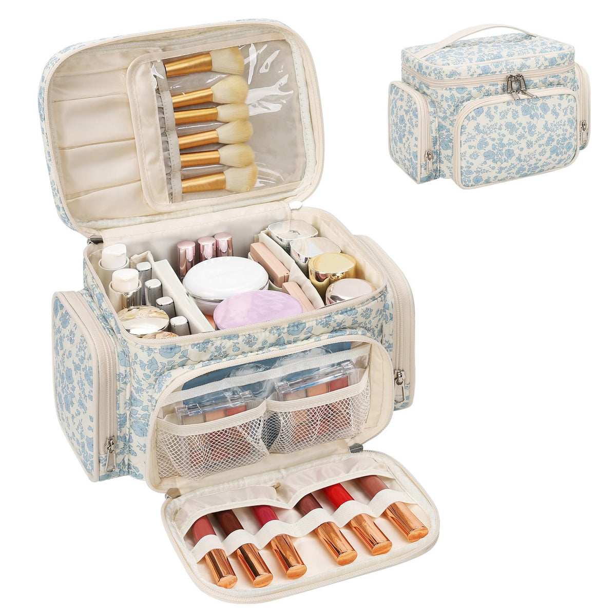 Bagmoly bolsa de maquillaje algodón grande floral azul, ideal para viaje y organización.
