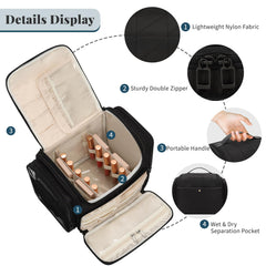 Bagmoly bolsa maquillaje para viaje con bolsillos mojados y secos para acceso rápido.