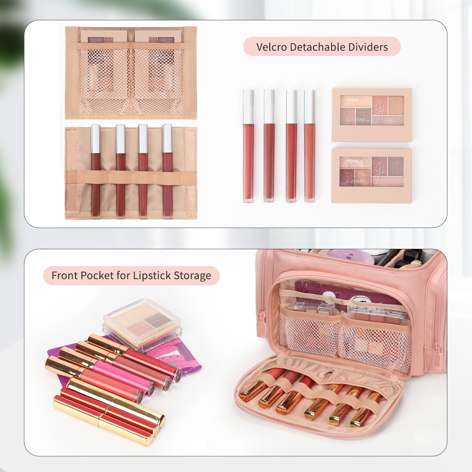 Bagmoly frontal con seis bolsillos para labiales para transporte cómodo.