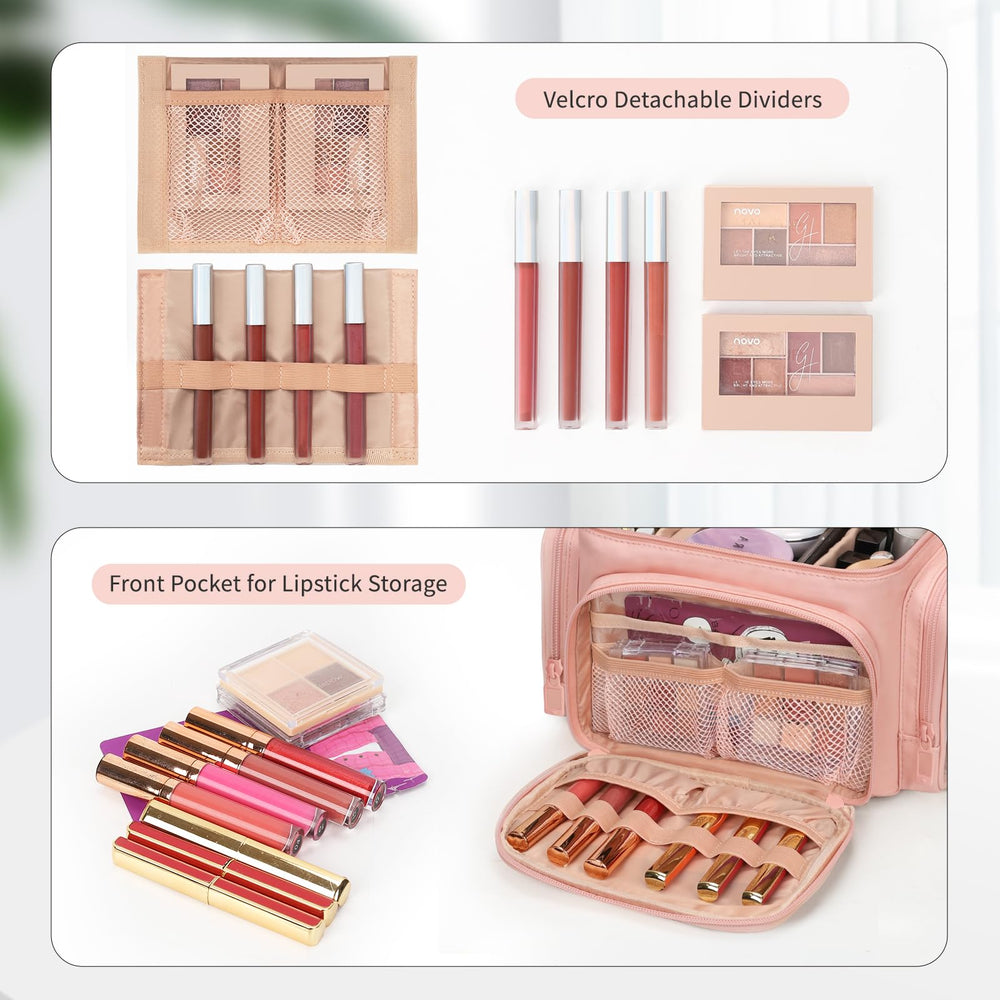 Bagmoly frontal con seis bolsillos para labiales para transporte cómodo.