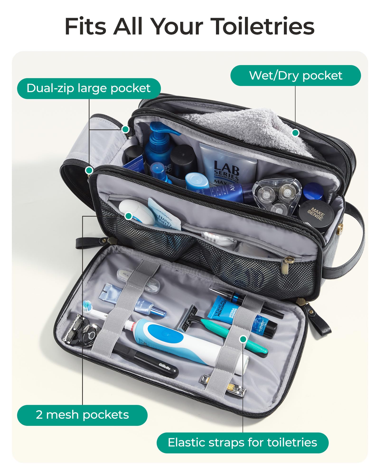 Bagsmart bolsa de aseo con asa de cuero PU para transporte cómodo