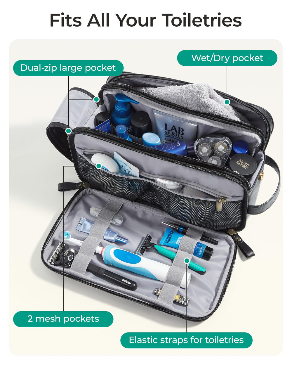 Bagsmart bolsa de aseo con asa de cuero PU para transporte cómodo