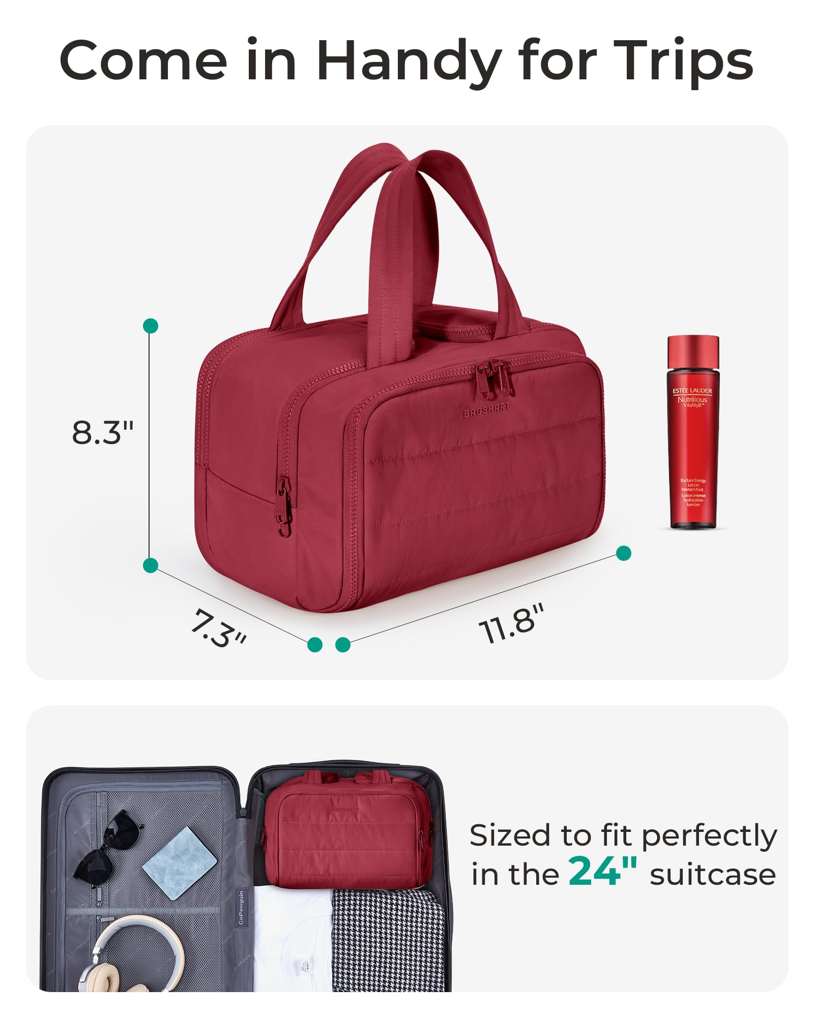 BAGSMART bolsa de aseo de apertura total facilita acceso rápido.