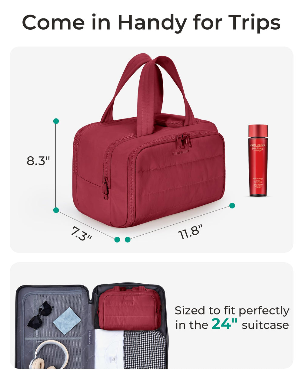 BAGSMART bolsa de aseo de apertura total facilita acceso rápido.