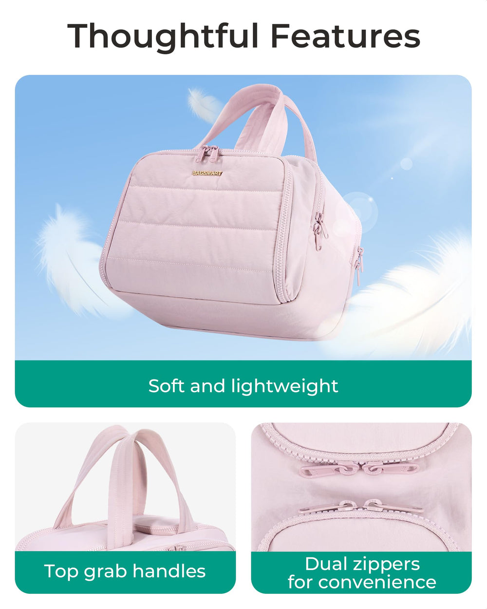 BAGSMART bolsa de aseo rosa, interiores organizados para cosméticos y accesorios