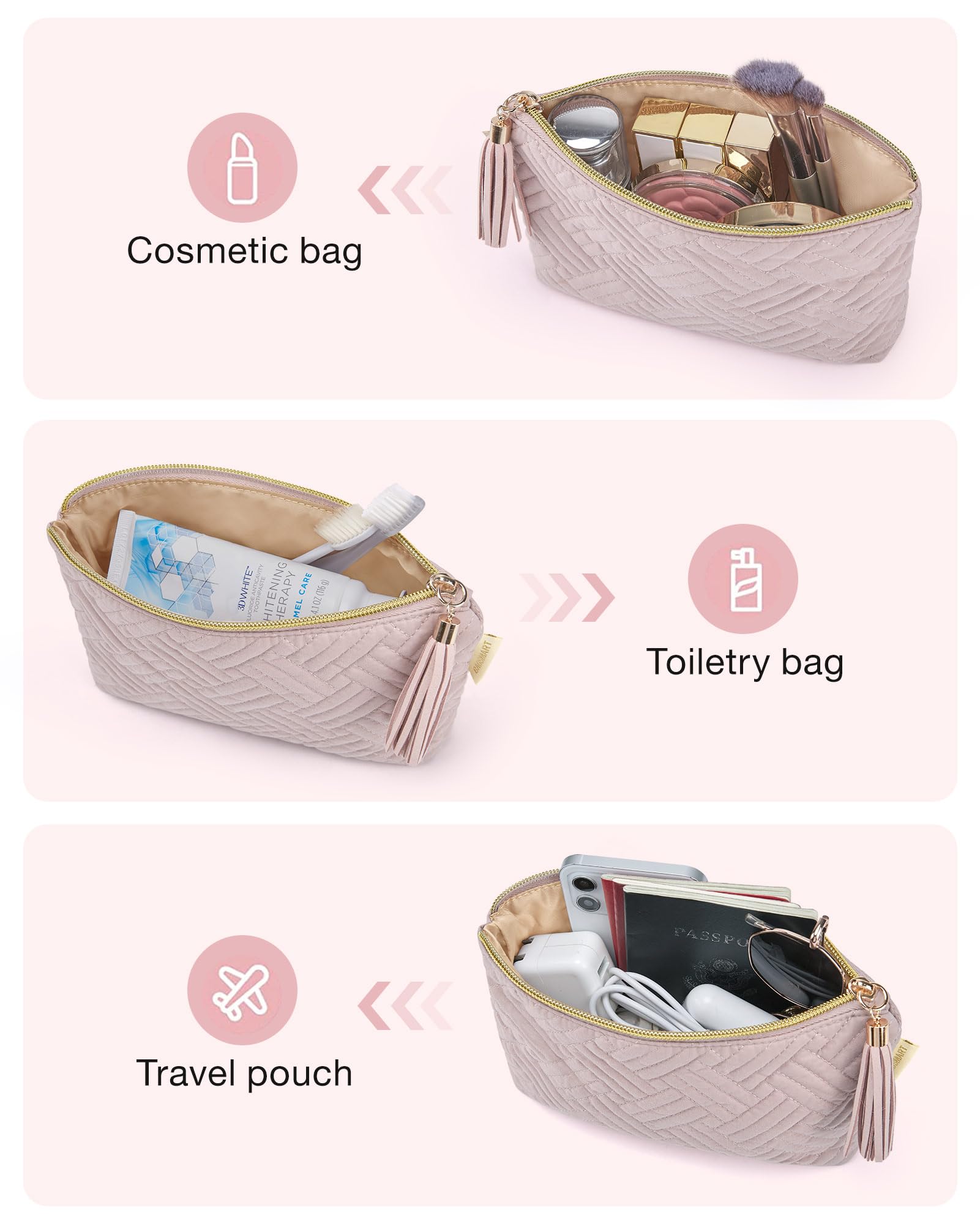 BAGSMART Bolsa cosmética con borla rosa, añade estilo y facilidad de uso.