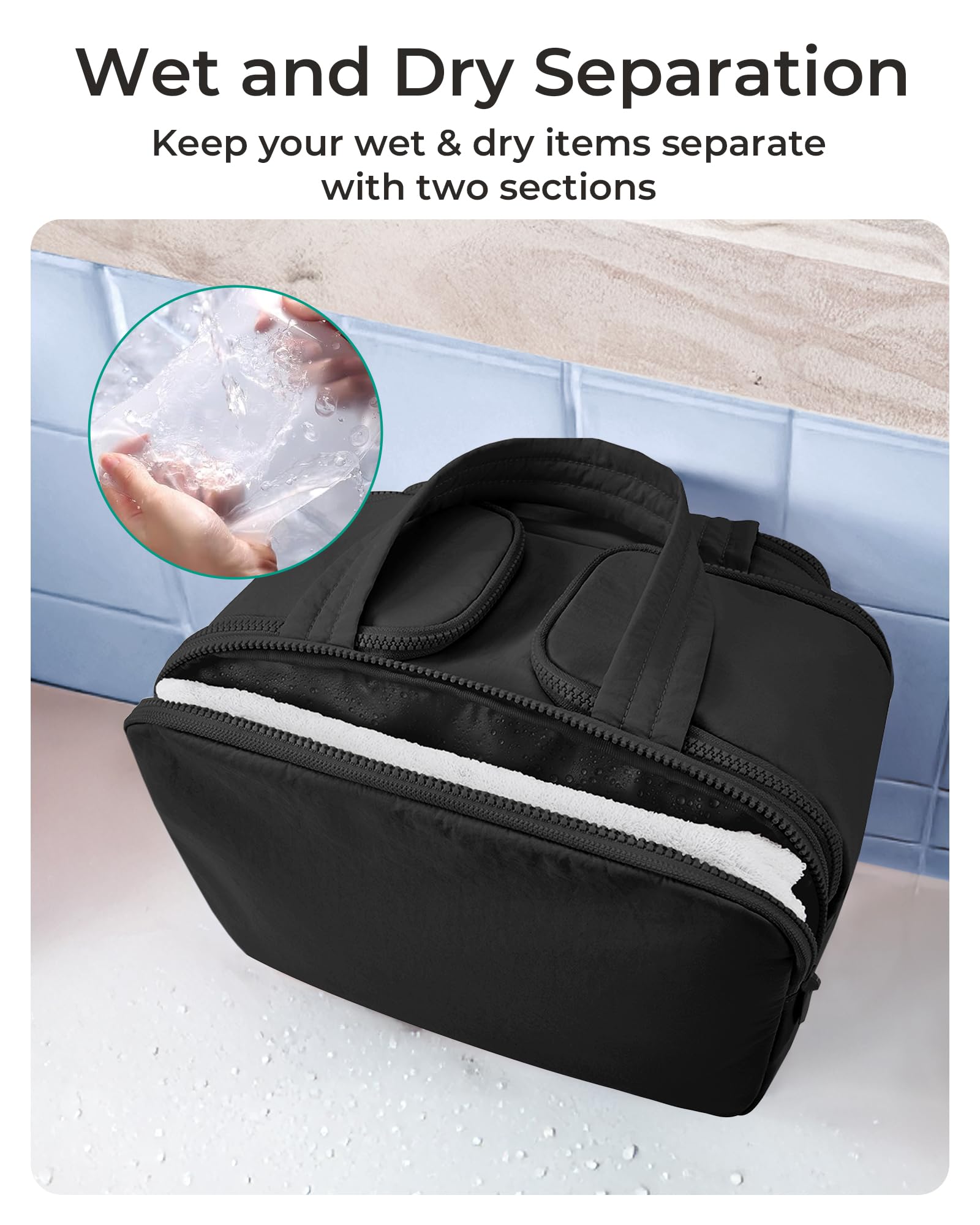 BAGSMART bolsa de aseo con botellas erguidas en el compartimento central.