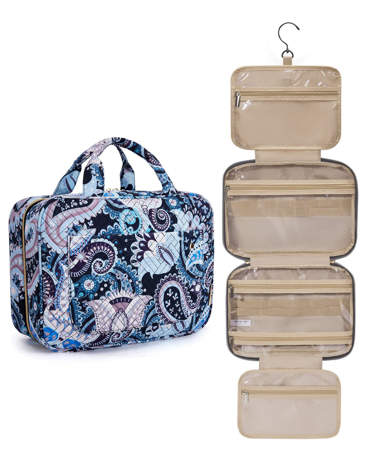 BAGSMART bolsa de aseo vista frontal con gancho giratorio para viajes.