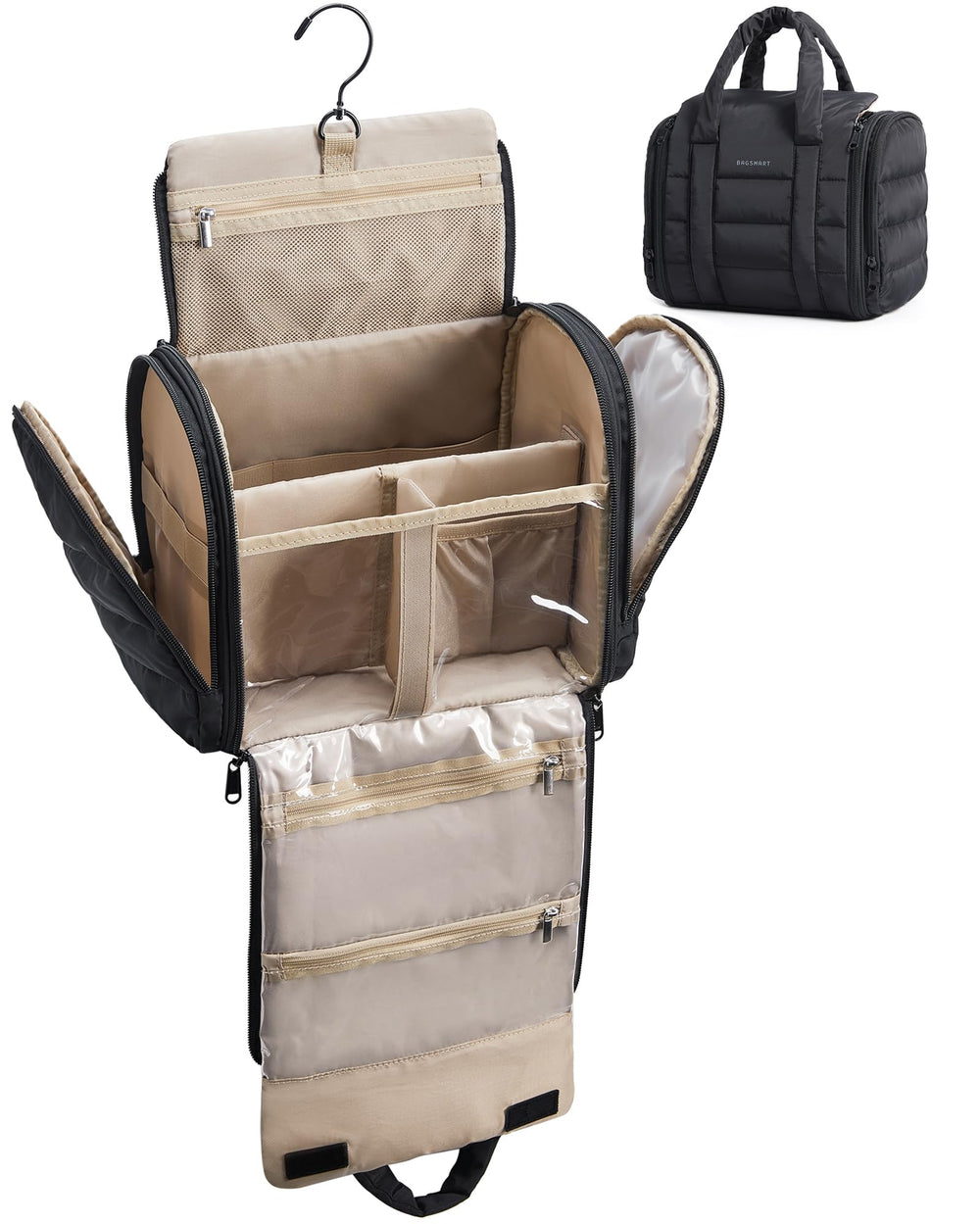 Bagsmart bolsa de higiene de viaje con apertura amplia para acceso rápido.