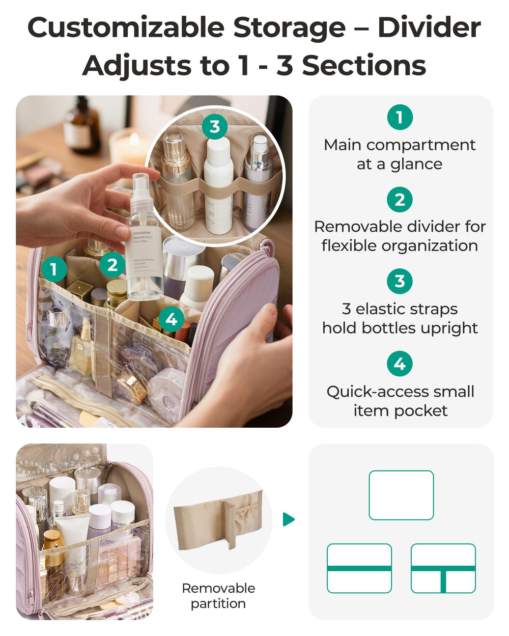 Bagsmart bolsa de higiene de viaje con divisiones desmontables para organizar.