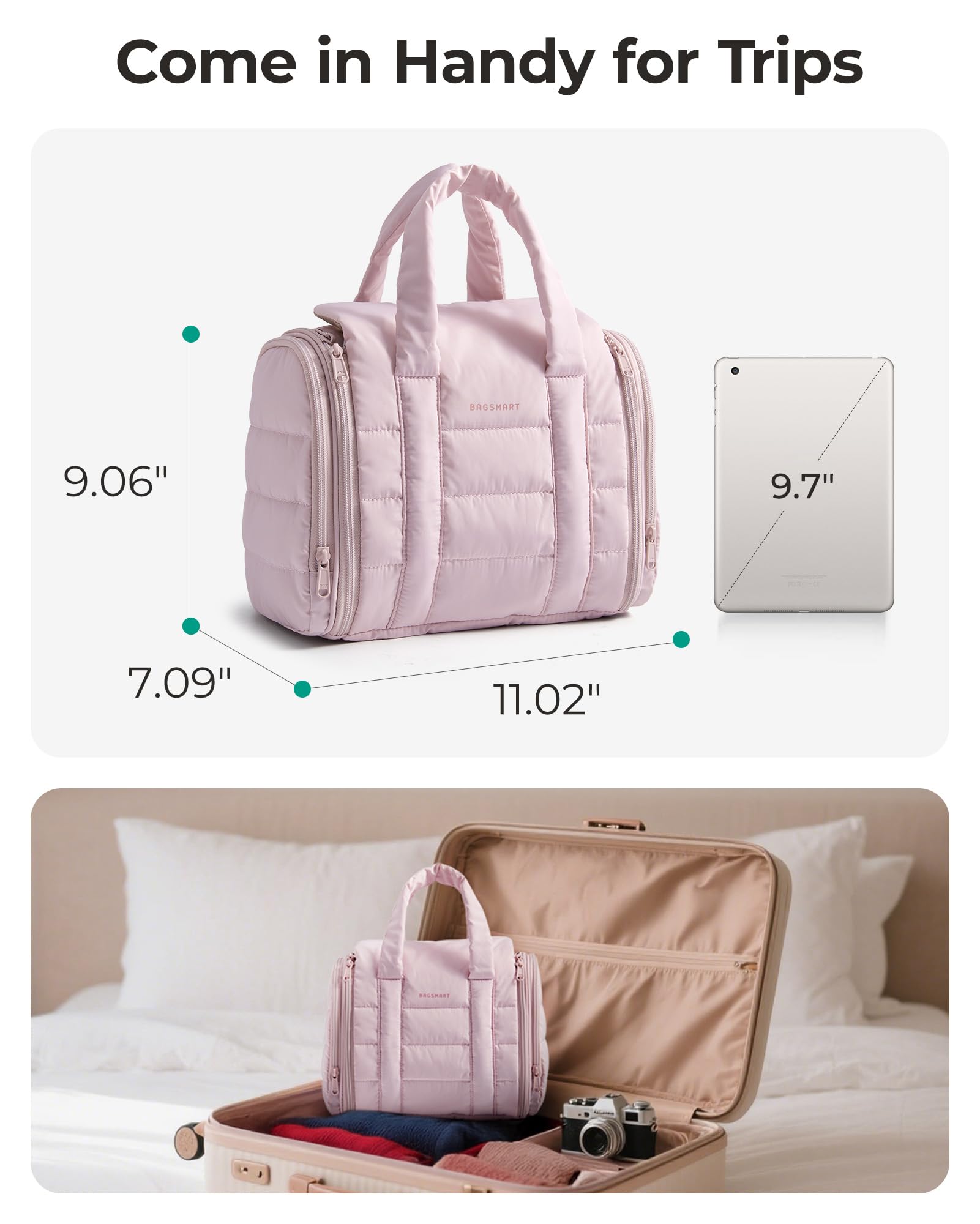 Bagsmart bolsa de higiene de viaje con gancho giratorio 360°.