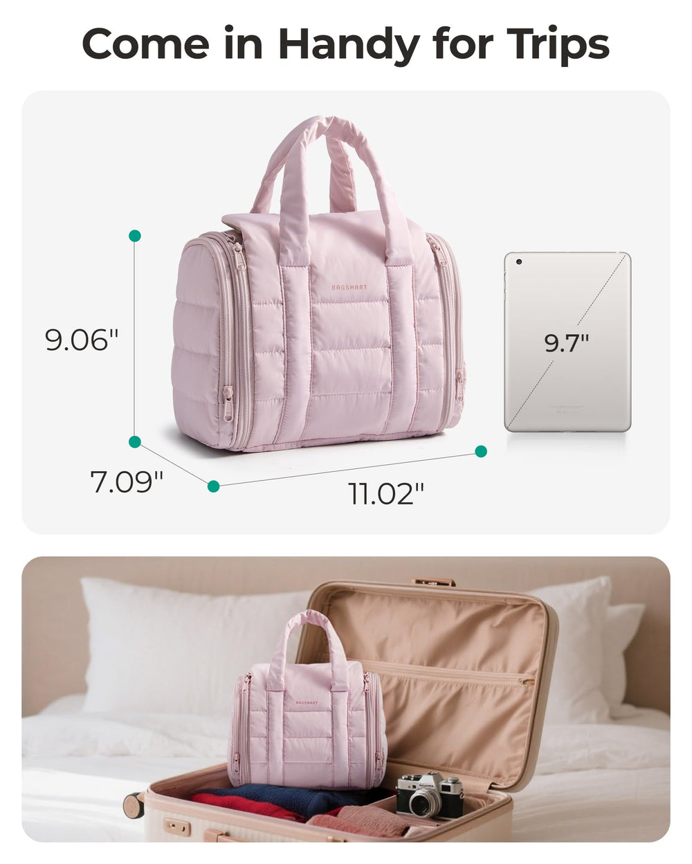 Bagsmart bolsa de higiene de viaje con gancho giratorio 360°.