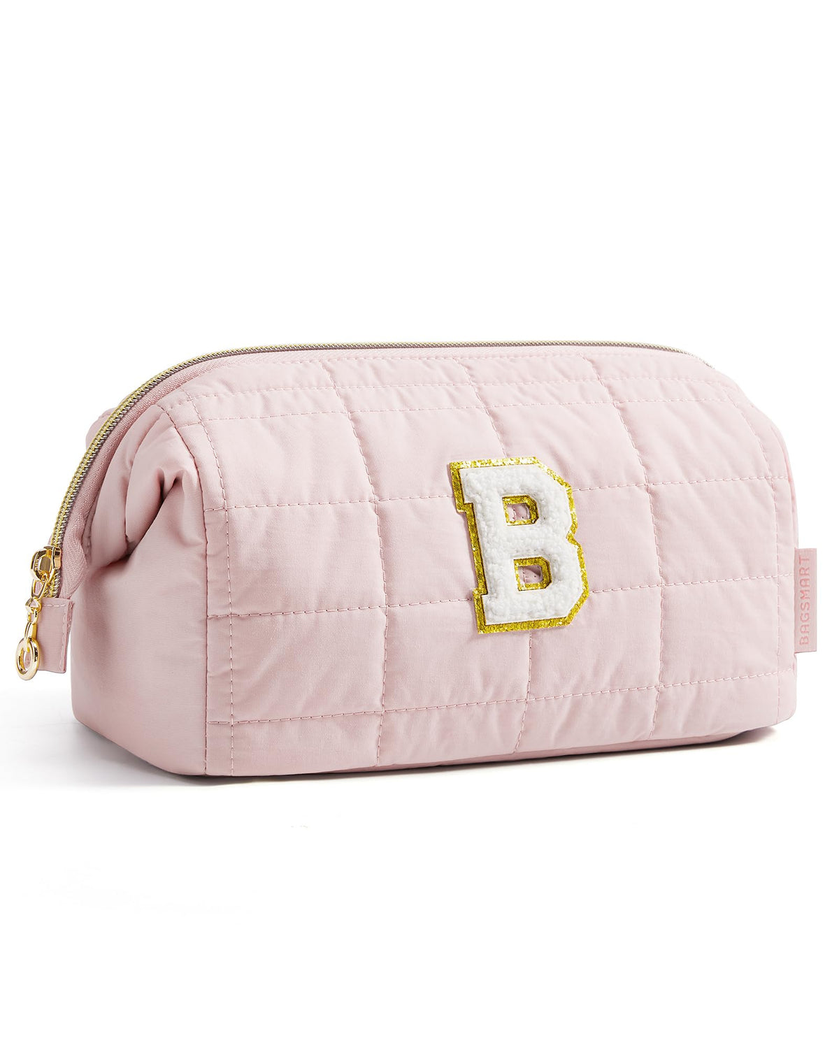 BAGSMART bolsa maquillaje inicial personalizada en rosa, perfecto para regalo.