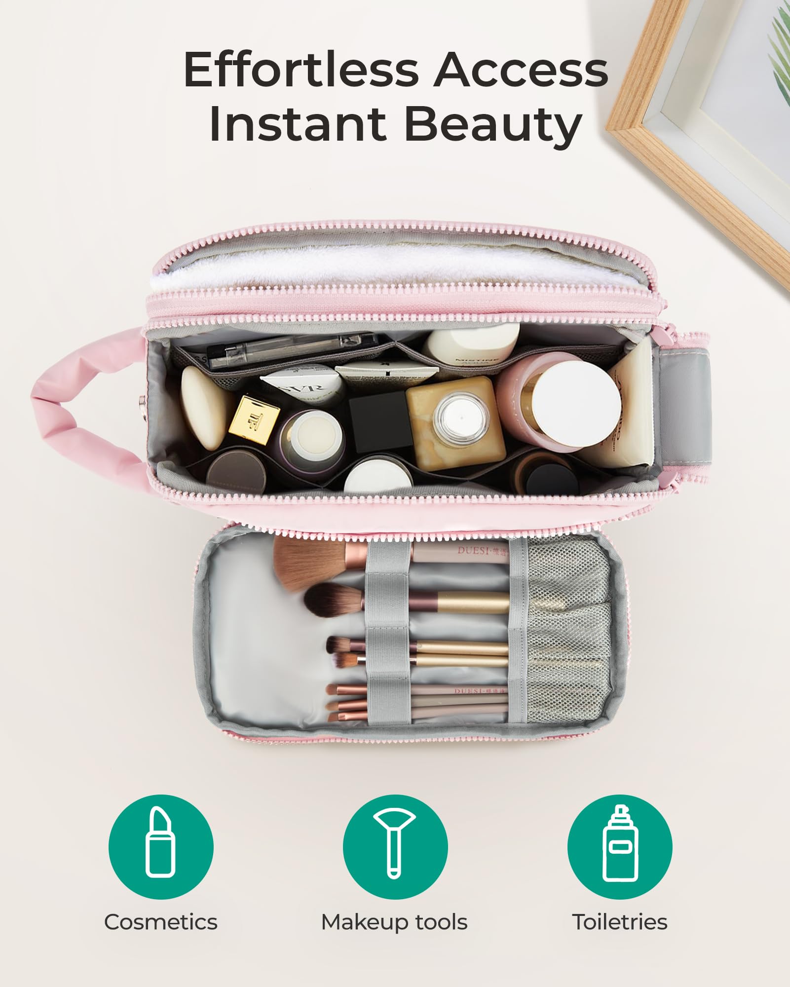 BAGSMART bolsa de viaje, escena de uso en mesa, ideal para viajar.