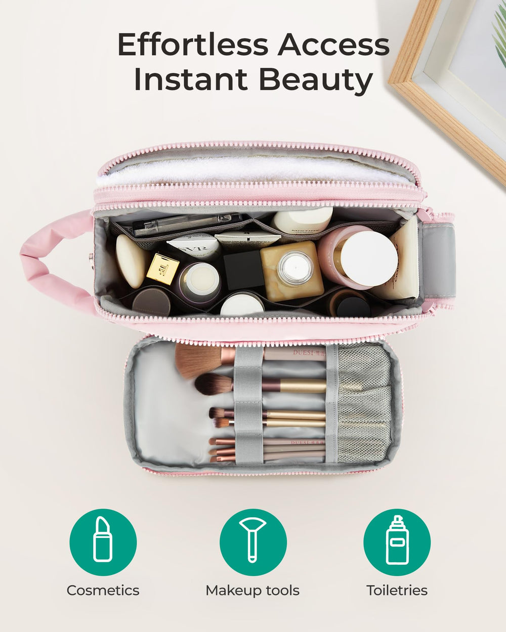 BAGSMART bolsa de viaje, escena de uso en mesa, ideal para viajar.