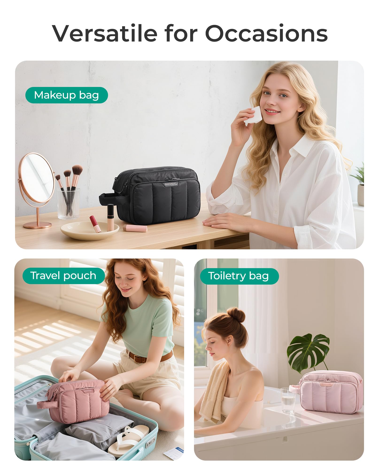 BAGSMART bolsa de viaje, interior con compartimentos, ideal para cosméticos pequeños.