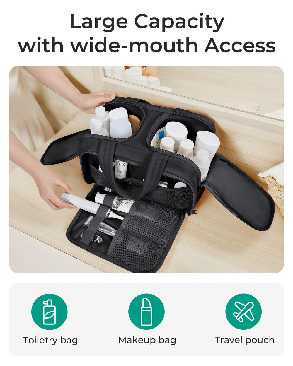 BAGSMART bolso de aseo con acceso lateral para organizar cosméticos sin derrames