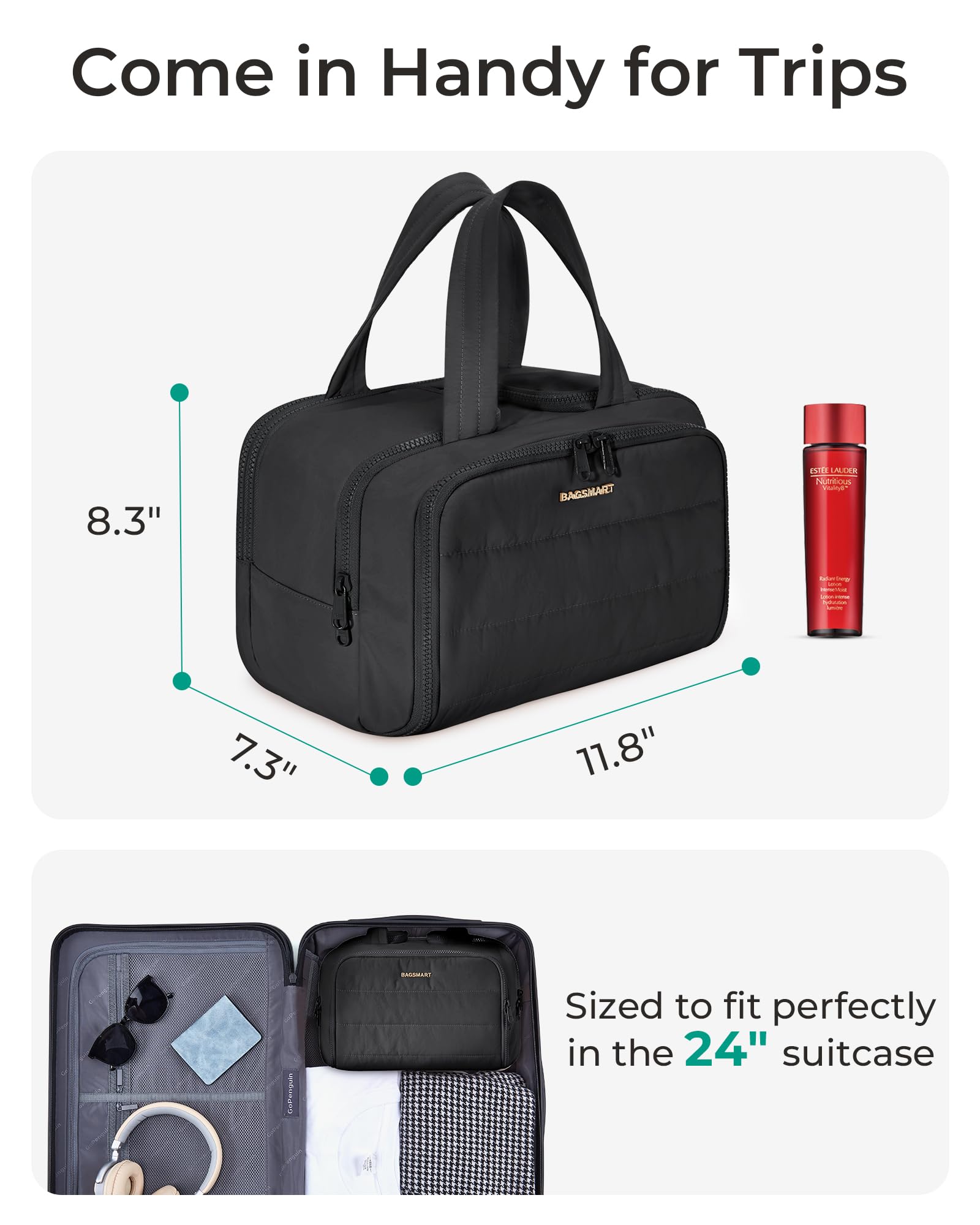 BAGSMART bolso con cuatro compartimentos facilita la organización de accesorios, maquillaje y cuidado personal