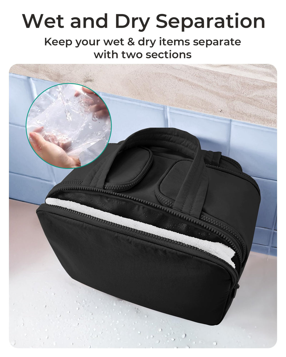BAGSMART diseño de separación húmedo-seco para mantener productos compatibles y fáciles de limpiar