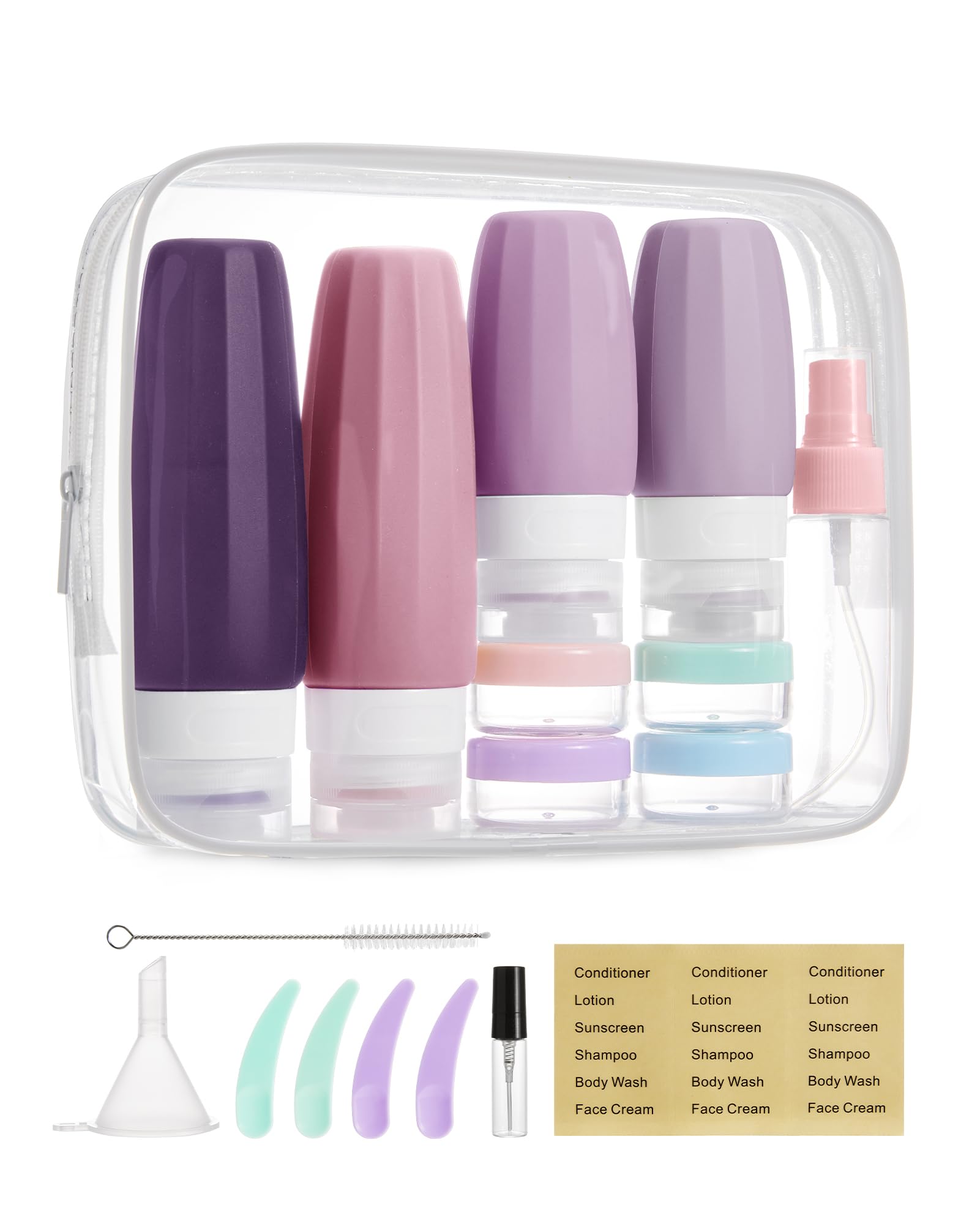 Botellas BAGSMART de silicona 3 oz para viaje, a prueba de fugas y fáciles de rellenar.