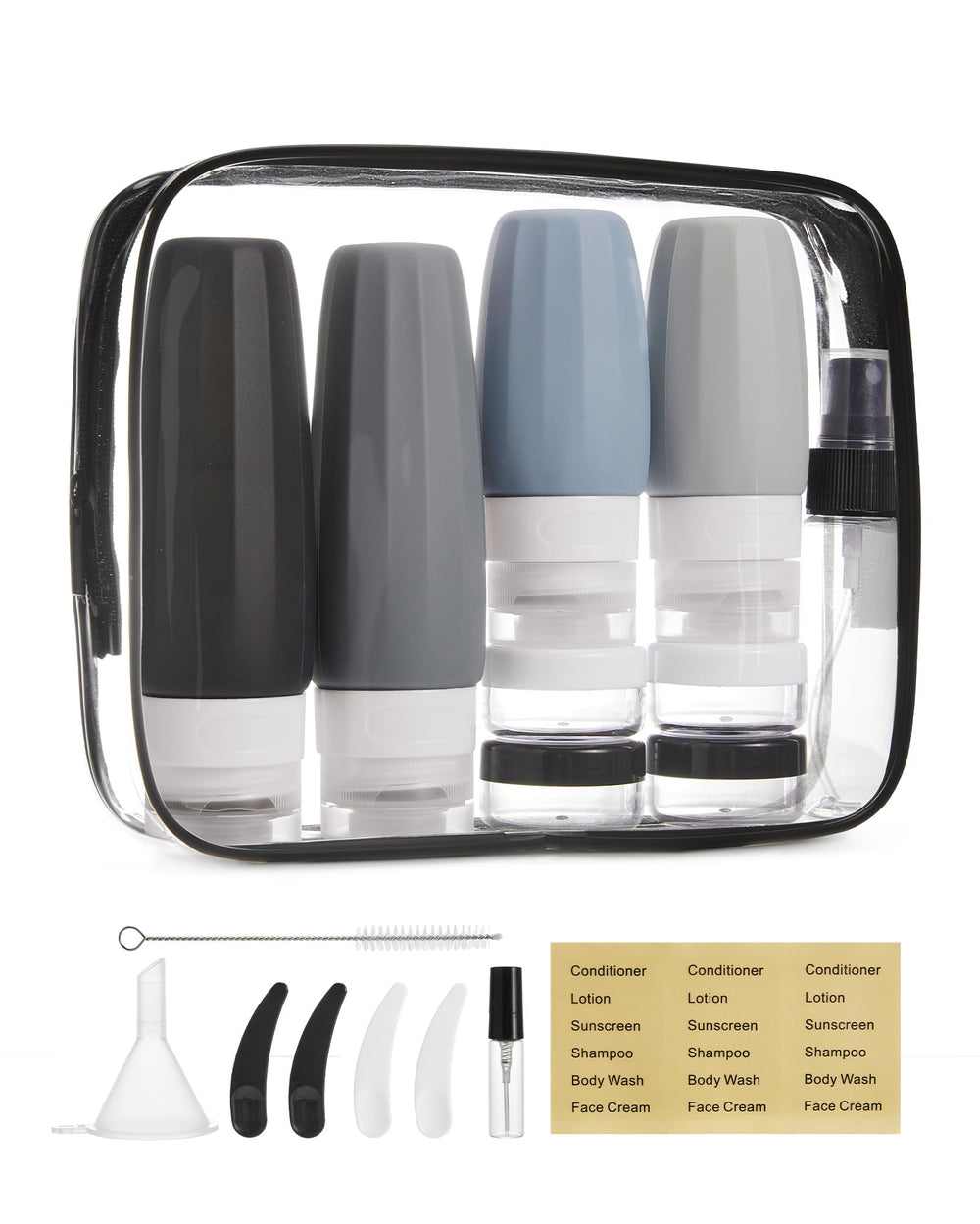 Botellas BAGSMART de silicona, 90 ml y 60 ml, ideales para líquidos de viaje.