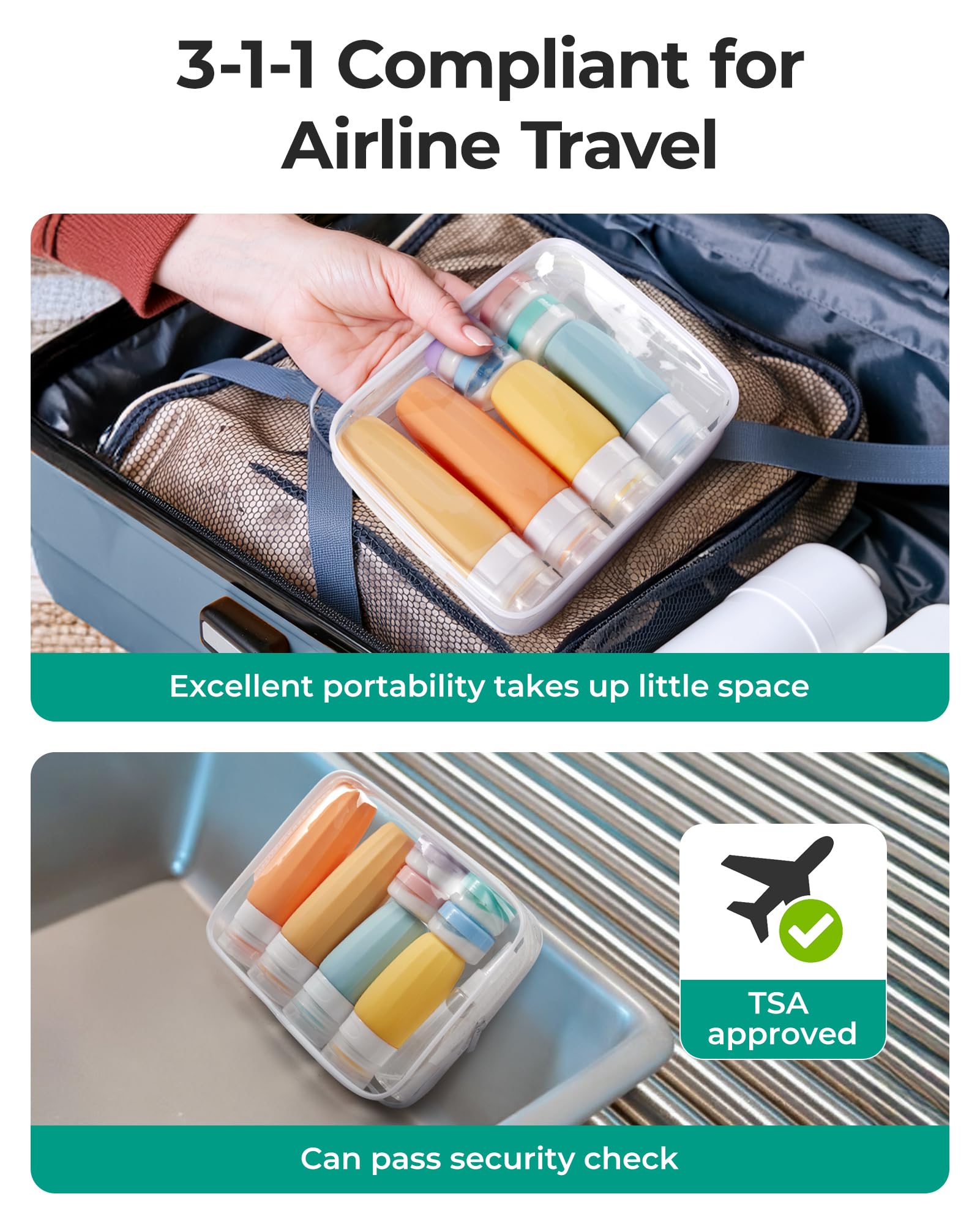 Embudo BAGSMART para rellenar frascos sin goteos durante el viaje.